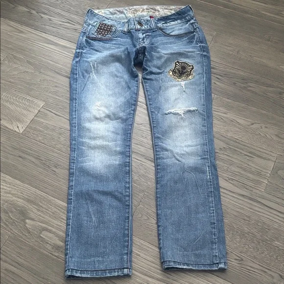 Guess | Vintage Y2K Stretch Light Blue Embellished Studded Skinny Jeans Size 27 - Picture 2 of 16